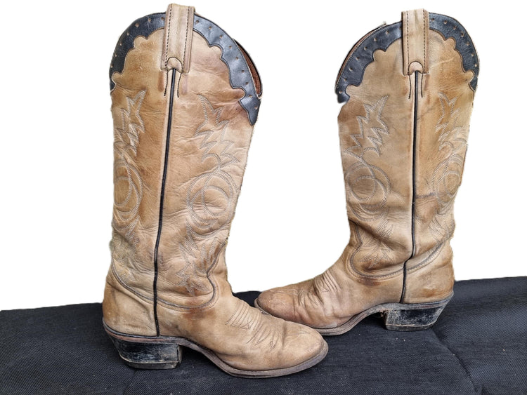 Vintage Leather Cowboy Boots: Women's US 7.5, Beige & Tan