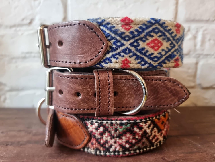 Boho Dog Collar & Leash Set: Moroccan Kilim, Genuine Leather