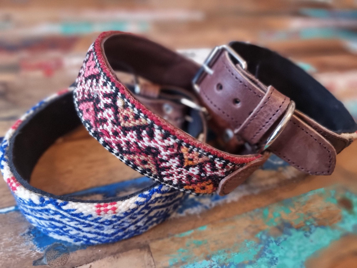 Boho Dog Collar & Leash Set: Moroccan Kilim, Genuine Leather