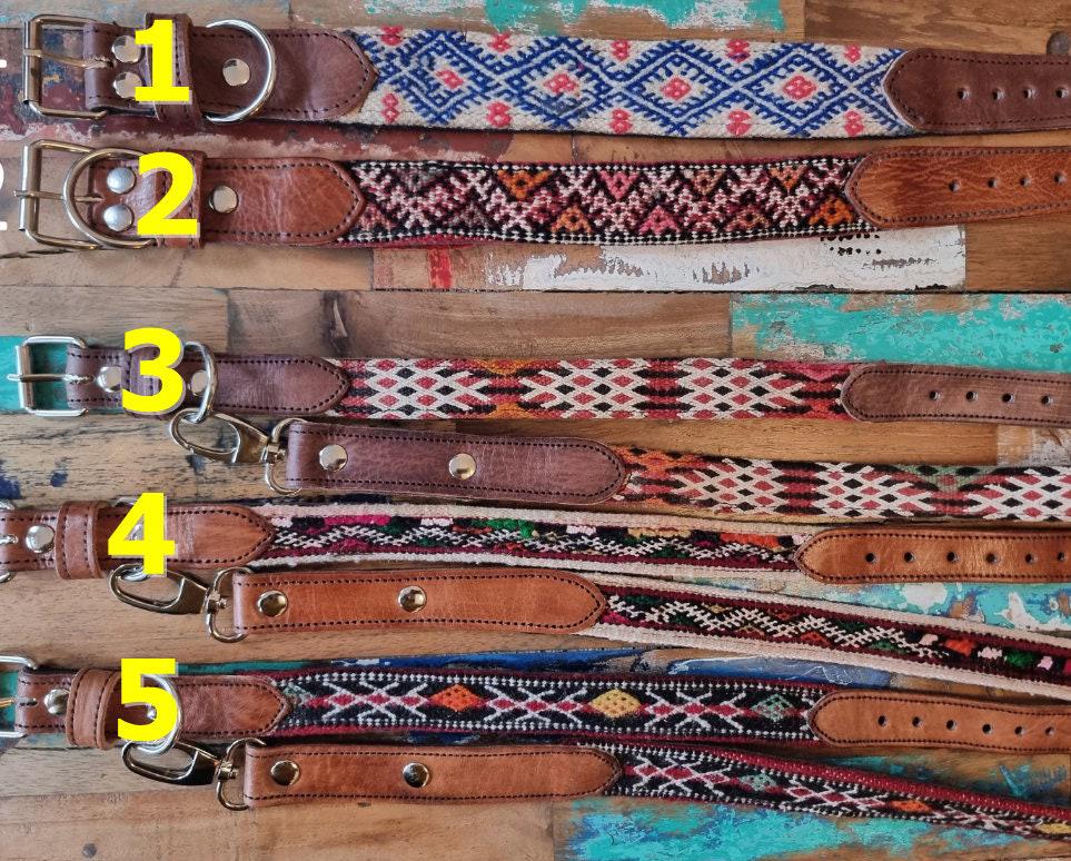 Boho Dog Collar & Leash Set: Moroccan Kilim, Genuine Leather