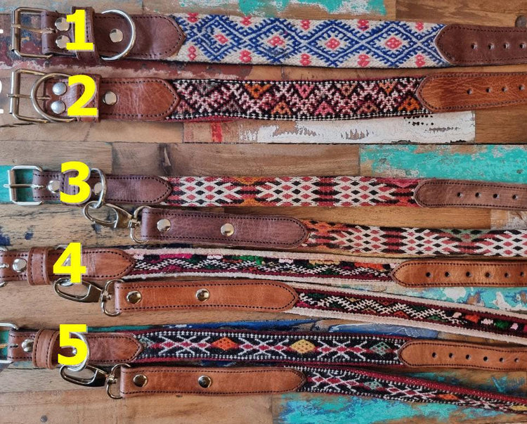 Boho Dog Collar & Leash Set: Moroccan Kilim, Genuine Leather