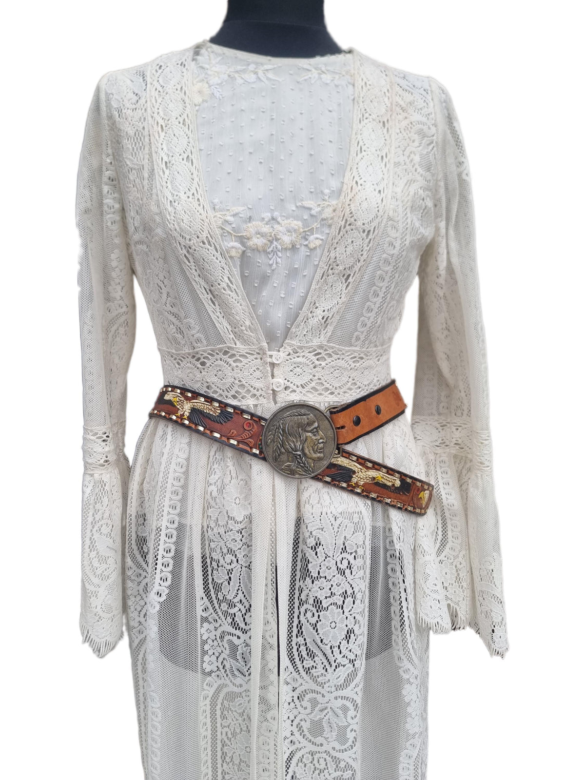 Vintage Hand Tooled Leather Cowboy Belt: American Bald Eagle & Native American Chief