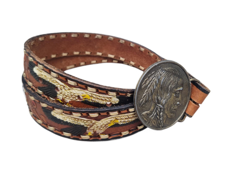 Vintage Hand Tooled Leather Cowboy Belt: American Bald Eagle & Native American Chief