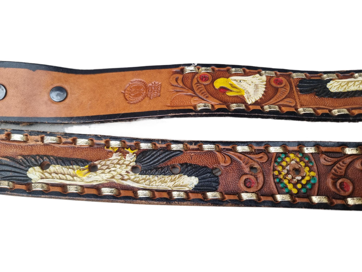 Vintage Hand Tooled Leather Cowboy Belt: American Bald Eagle & Native American Chief