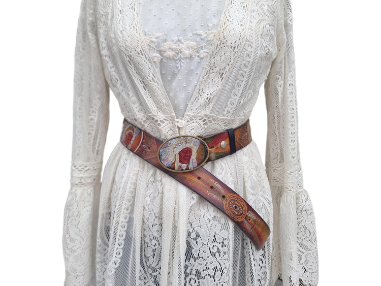 Hand Tooled Leather Western Belt: Native American Chief Brass Buckle