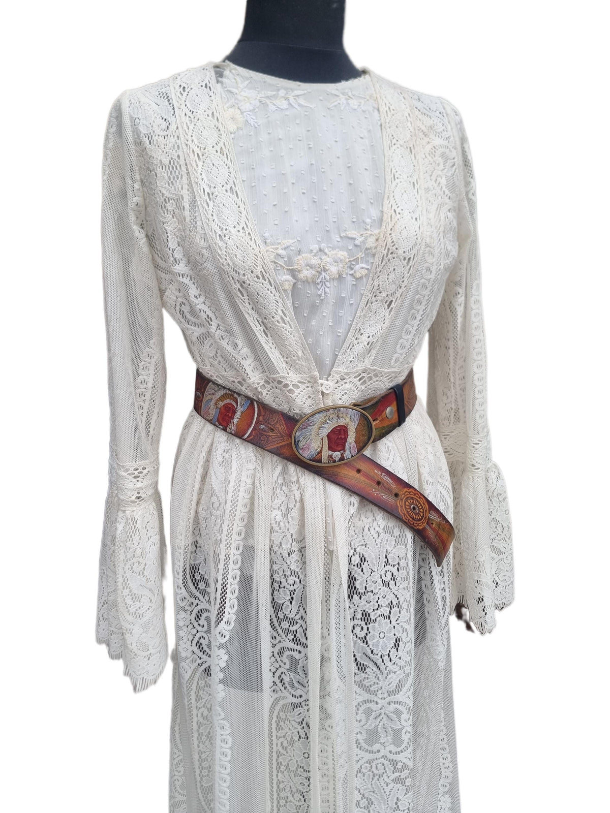 Hand Tooled Leather Western Belt: Native American Chief Brass Buckle