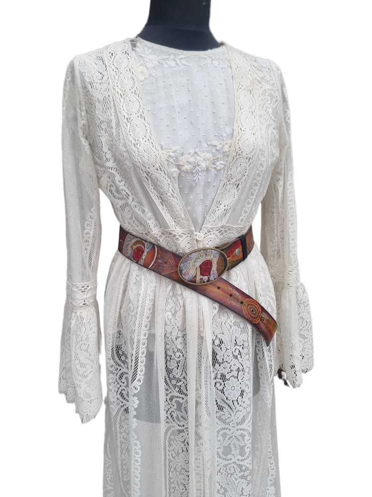 Hand Tooled Leather Western Belt: Native American Chief Brass Buckle
