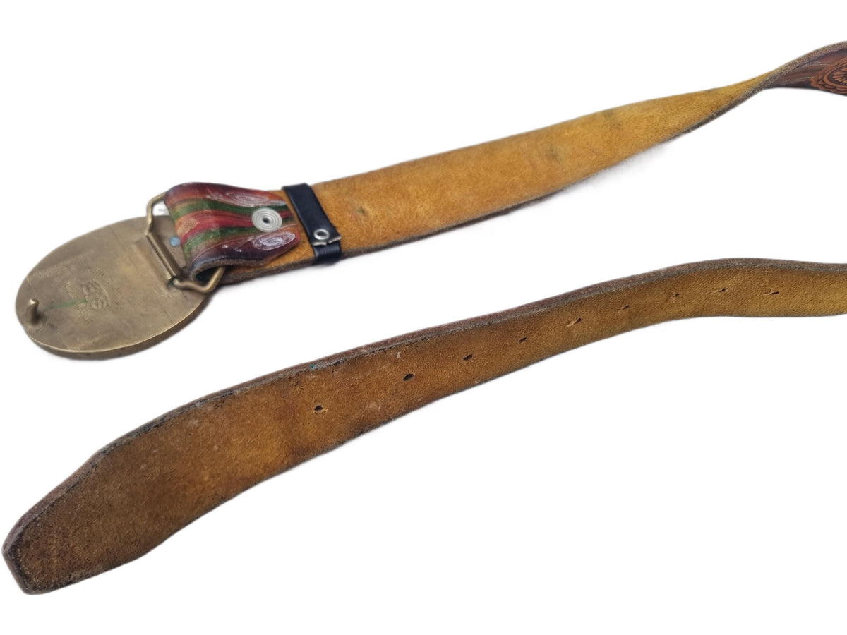 Hand Tooled Leather Western Belt: Native American Chief Brass Buckle