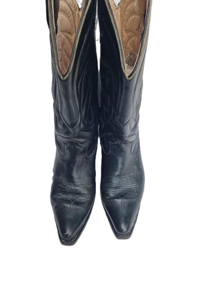 Vintage Black Cowboy Boots, Hand Tooled Leather Western Boots, Unisex Cowgirl Boots, Mens Womens Leather Boots, Retro Western Shoes EU 42