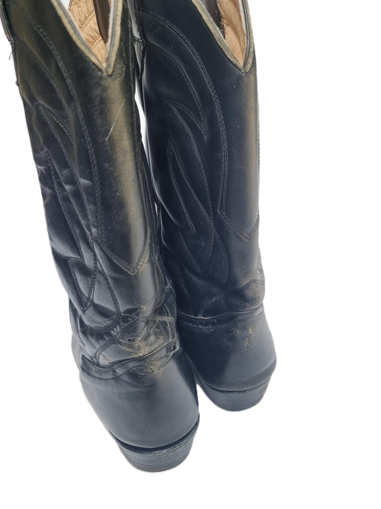 Vintage Black Cowboy Boots, Hand Tooled Leather Western Boots, Unisex Cowgirl Boots, Mens Womens Leather Boots, Retro Western Shoes EU 42