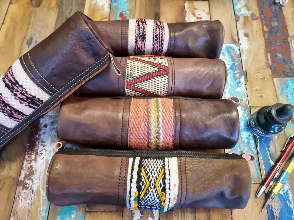 Vintage Moroccan Kilim Leather Pencil Case, Handmade Dark Brown Leather Zipper Pouch, Upcycled Rug Makeup Bag, Artist Gift