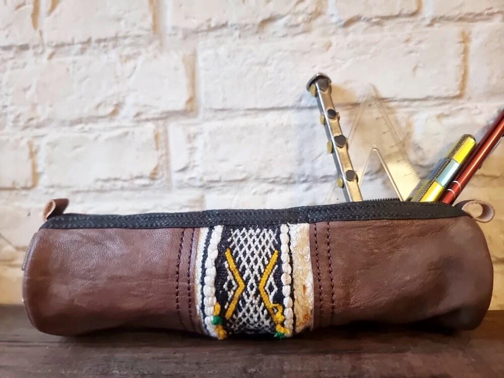 Vintage Moroccan Kilim Leather Pencil Case, Handmade Dark Brown Leather Zipper Pouch, Upcycled Rug Makeup Bag, Artist Gift
