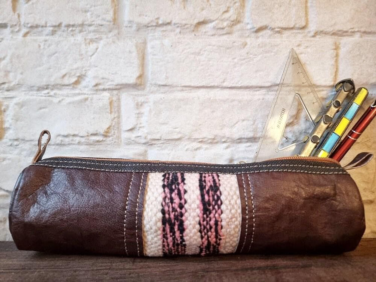 Vintage Moroccan Kilim Leather Pencil Case, Handmade Dark Brown Leather Zipper Pouch, Upcycled Rug Makeup Bag, Artist Gift