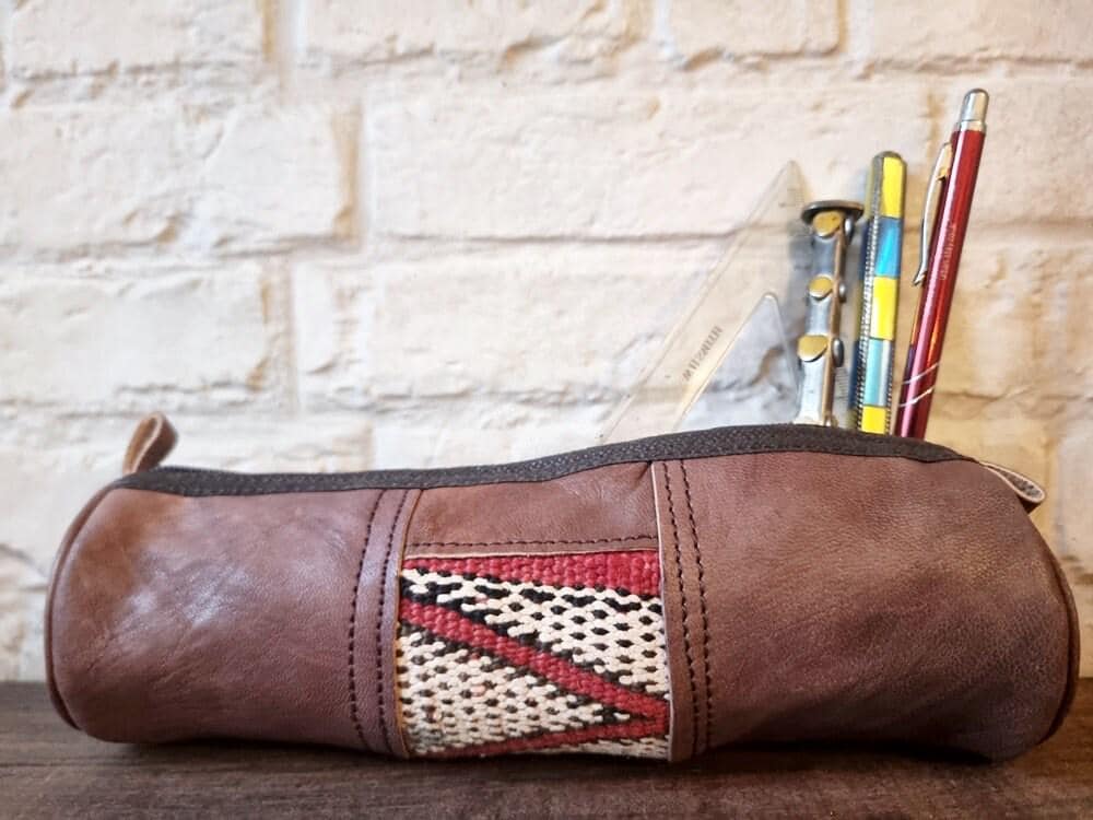 Vintage Moroccan Kilim Leather Pencil Case, Handmade Dark Brown Leather Zipper Pouch, Upcycled Rug Makeup Bag, Artist Gift
