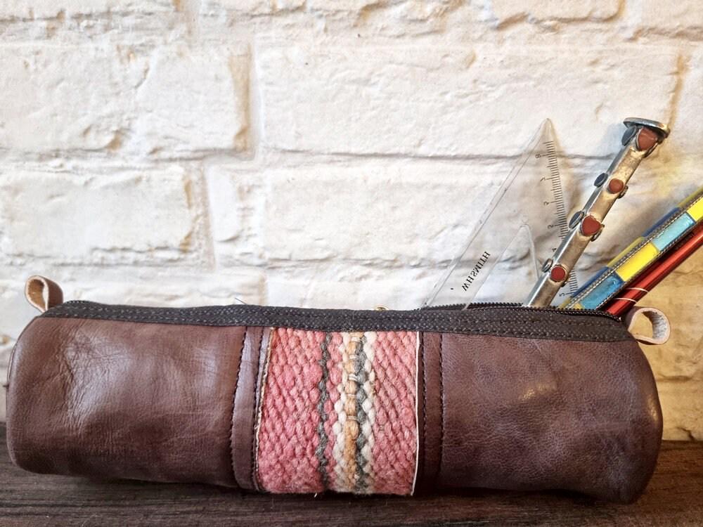 Vintage Moroccan Kilim Leather Pencil Case, Handmade Dark Brown Leather Zipper Pouch, Upcycled Rug Makeup Bag, Artist Gift
