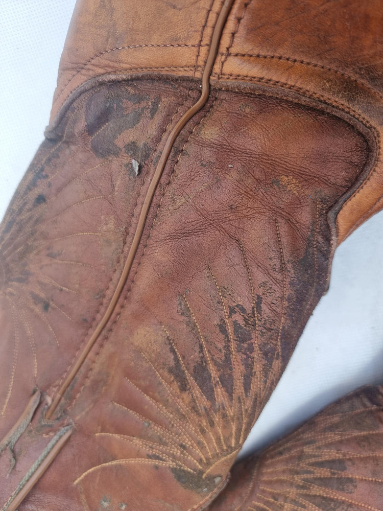 Rustic Leather Cowboy Boots: Western Embroidered Mid-Calf Boots US 8.5 / UK 6.5