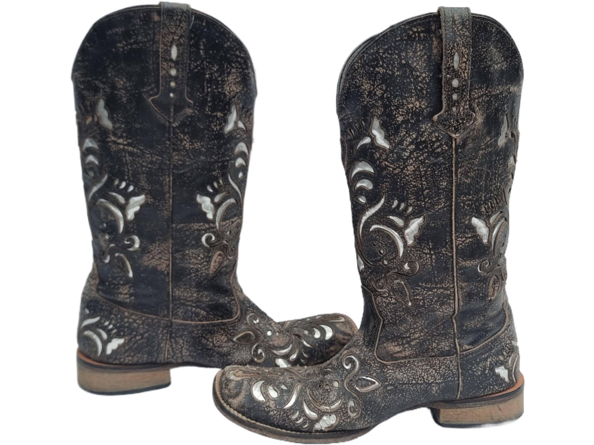 Y2K Leather Biker Boots: Cutout Western Cowboy Style (US 8 / EU 39)