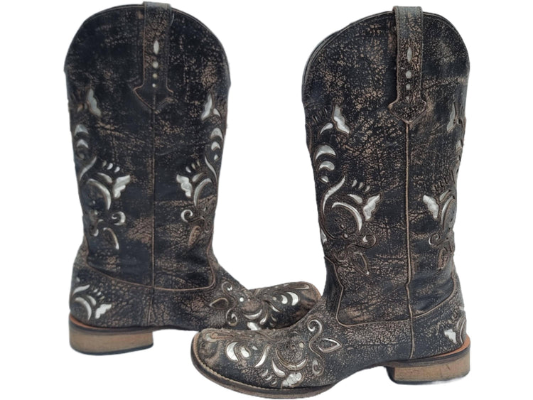 Y2K Leather Biker Boots: Cutout Western Cowboy Style (US 8 / EU 39)