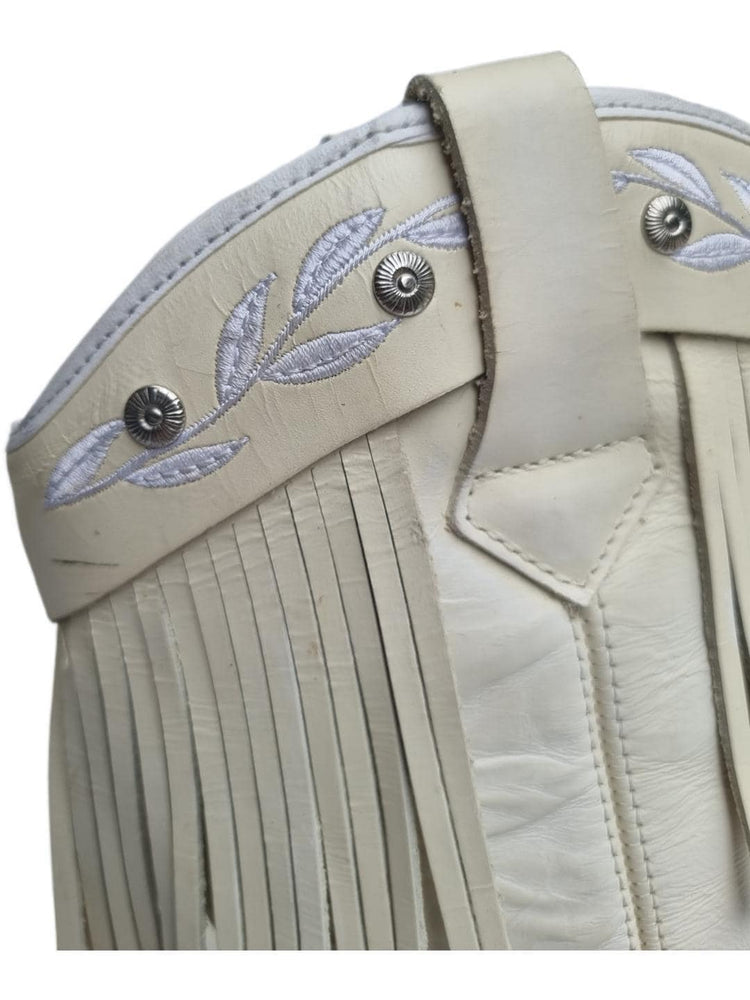 Fringe Leather Cowboy Boots: White Western Cowgirl Booties, US 8 / UK 6
