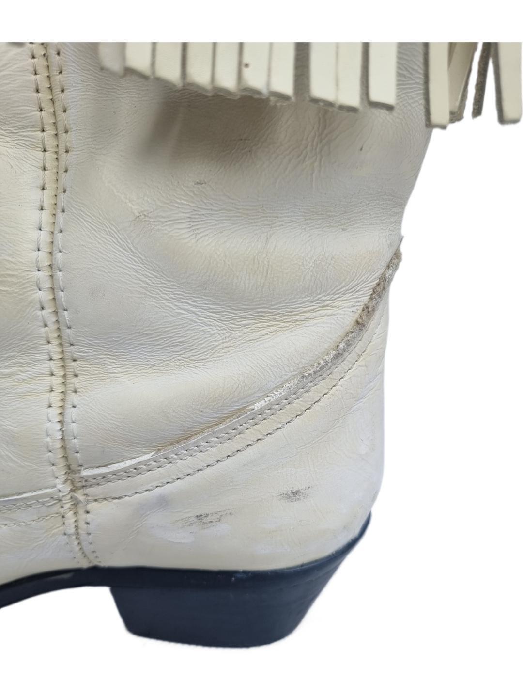 Fringe Leather Cowboy Boots: White Western Cowgirl Booties, US 8 / UK 6