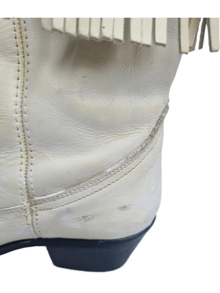 Fringe Leather Cowboy Boots: White Western Cowgirl Booties, US 8 / UK 6