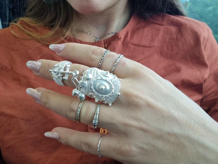Indian tribal silver full finger ring double statement bells ethnic boho hippie adjustable
