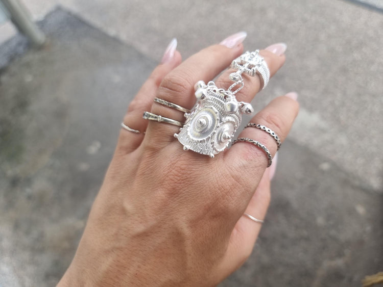 Indian tribal silver full finger ring double statement bells ethnic boho hippie adjustable
