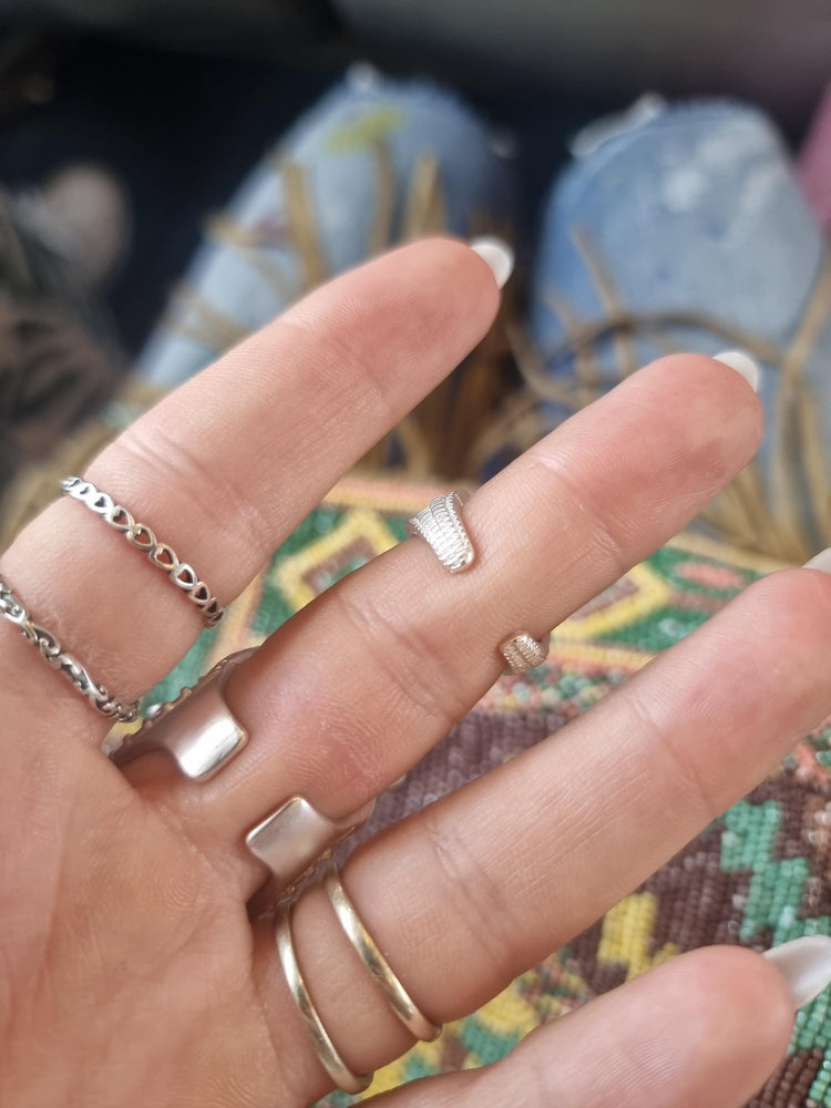 Indian tribal silver full finger ring double statement bells ethnic boho hippie adjustable