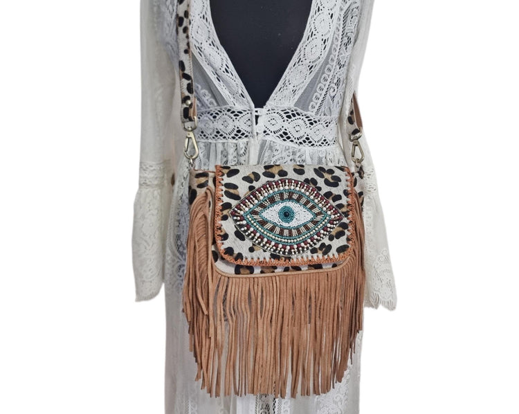 Leopard Print Fringe Crossbody Bag: Evil Eye Beaded Boho Purse