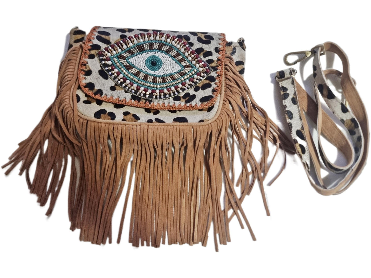Leopard Print Fringe Crossbody Bag: Evil Eye Beaded Boho Purse