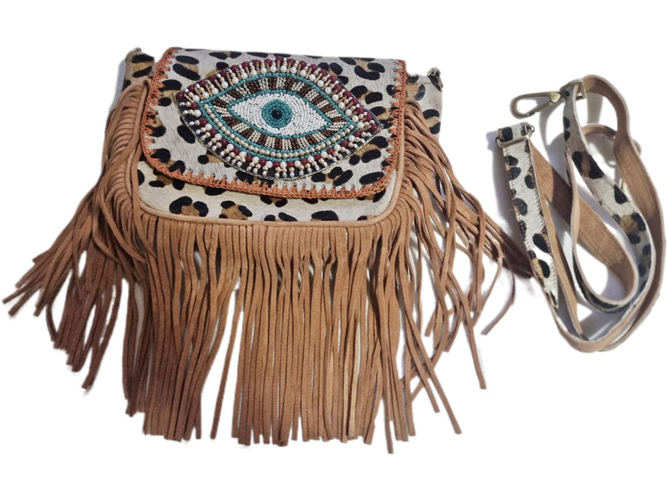 Leopard Print Fringe Crossbody Bag: Evil Eye Beaded Boho Purse