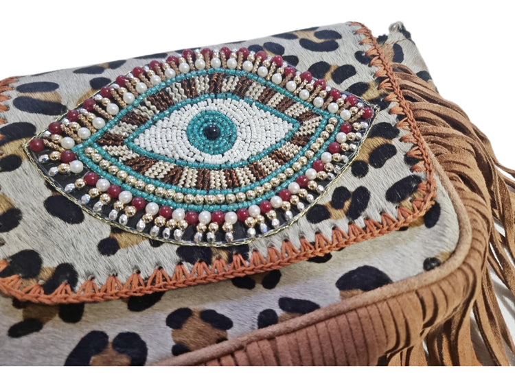 Leopard Print Fringe Crossbody Bag: Evil Eye Beaded Boho Purse