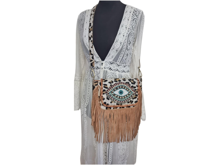 Leopard Print Fringe Crossbody Bag: Evil Eye Beaded Boho Purse