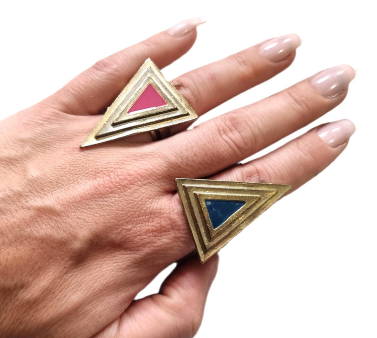 Gold Triangle Ring: Blue Enamel Art Deco 80s Statement Jewelry