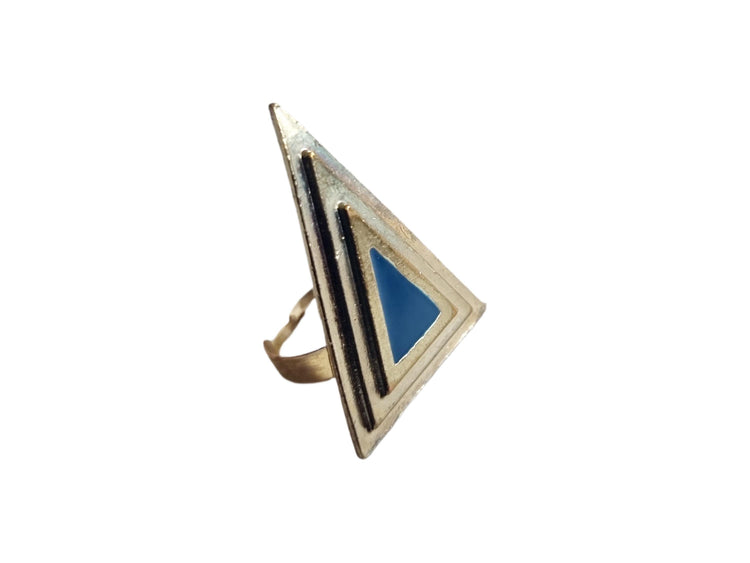Gold Triangle Ring: Blue Enamel Art Deco 80s Statement Jewelry