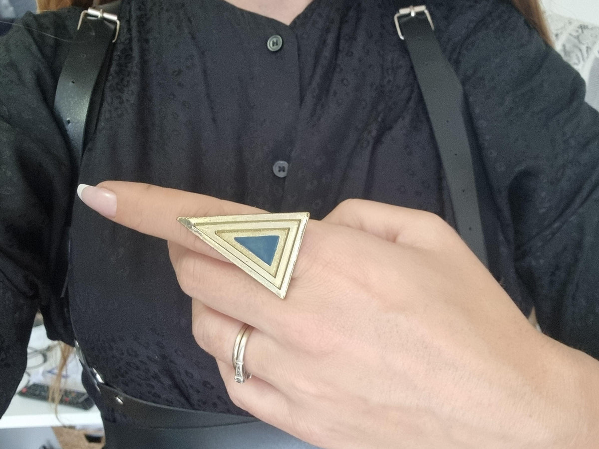 Gold Triangle Ring: Blue Enamel Art Deco 80s Statement Jewelry
