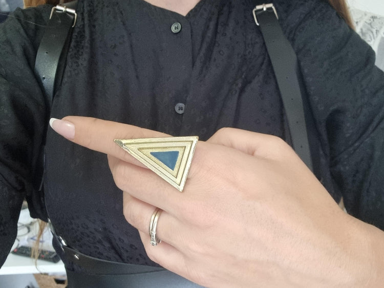 Gold Triangle Ring: Blue Enamel Art Deco 80s Statement Jewelry