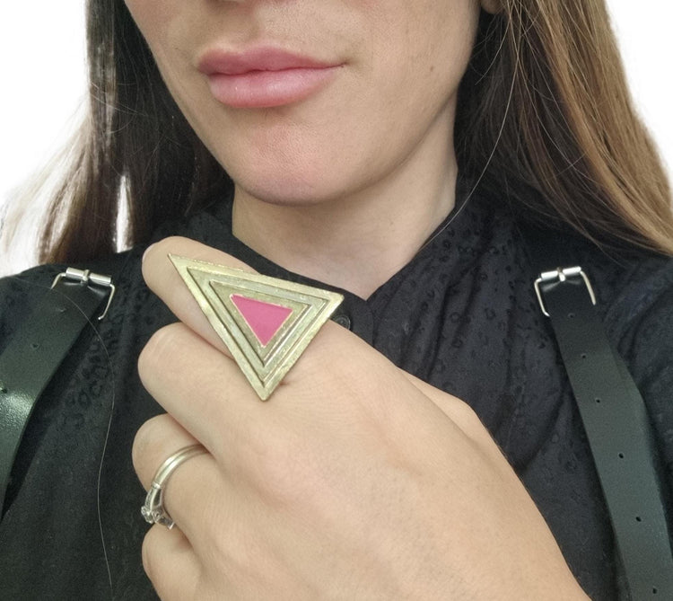 Gold Triangle Ring: Blue Enamel Art Deco 80s Statement Jewelry
