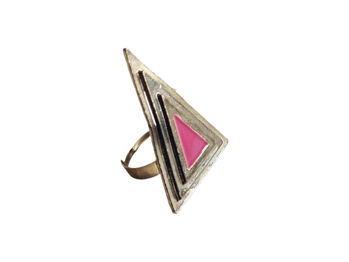 Gold Triangle Ring: Blue Enamel Art Deco 80s Statement Jewelry