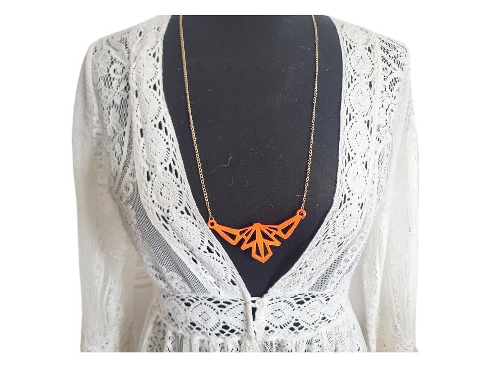 Neon Orange Enamel Triangle Necklace: Geometric Origami Pendant