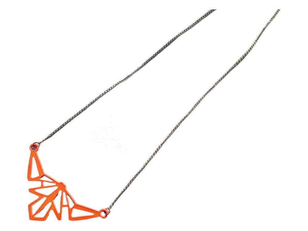 Neon Orange Enamel Triangle Necklace: Geometric Origami Pendant