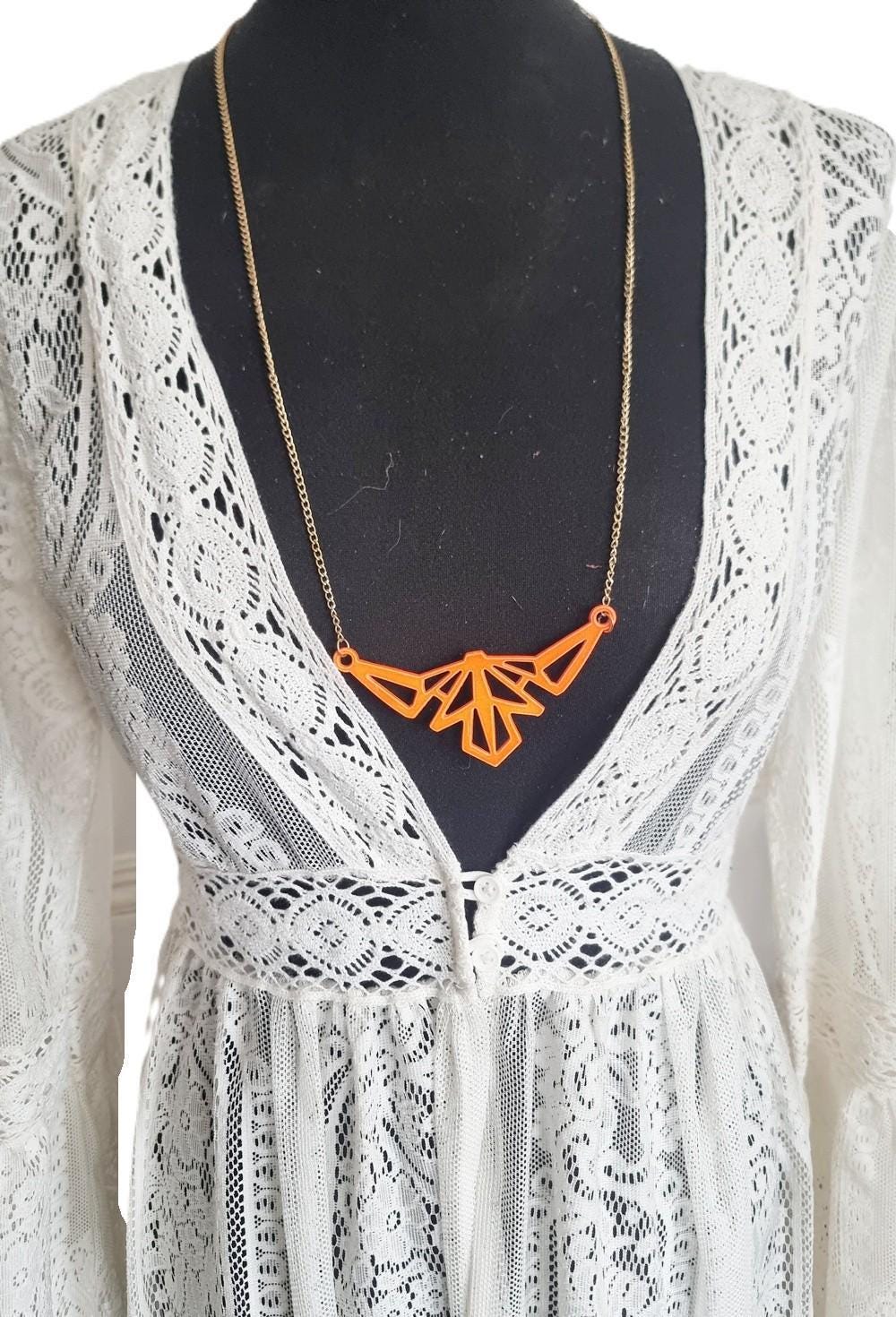 Neon Orange Enamel Triangle Necklace: Geometric Origami Pendant