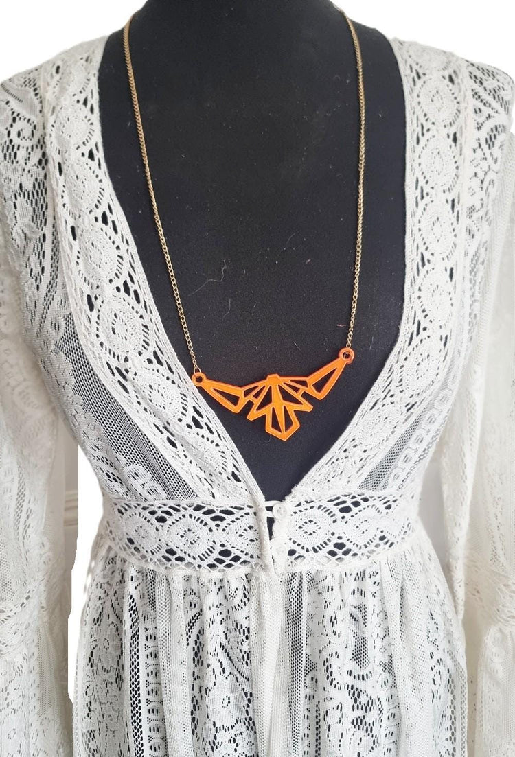 Neon Orange Enamel Triangle Necklace: Geometric Origami Pendant