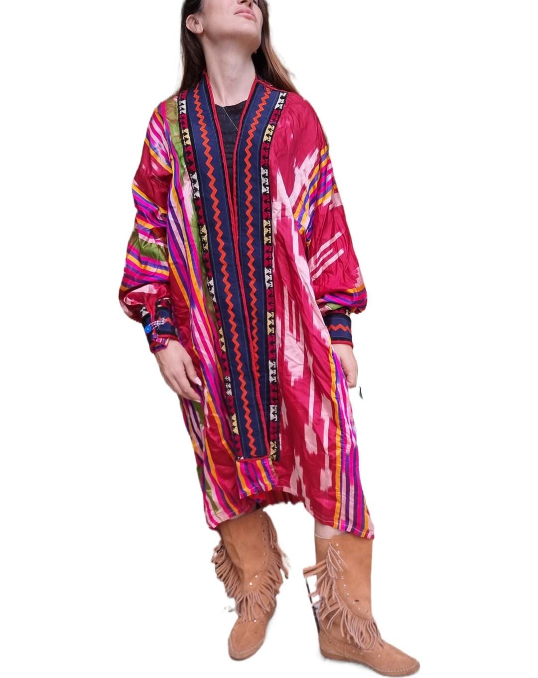 Vintage Moroccan Kimono – Embroidered Berber Jacket, Boho Duster Coat, Hippie Festival Layering Piece