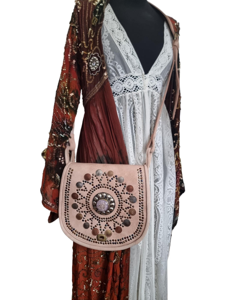 Boho Leather Crossbody Bag: Mandala, Crystals & Coins