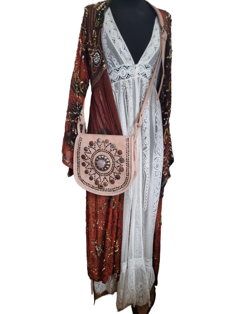 Boho Leather Crossbody Bag: Mandala, Crystals & Coins