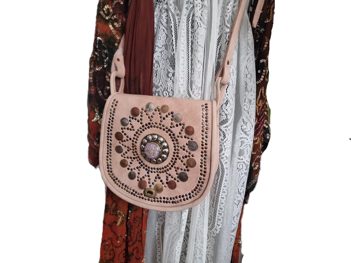 Boho Leather Crossbody Bag: Mandala, Crystals & Coins