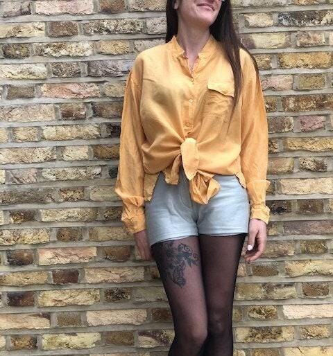 Vintage 1980s Silk Blouse, Pastel Yellow Oversized Shirt, Womens Western Top, 80s Boyfriend Shirt, Boho Festival Blouse, Retro Silk