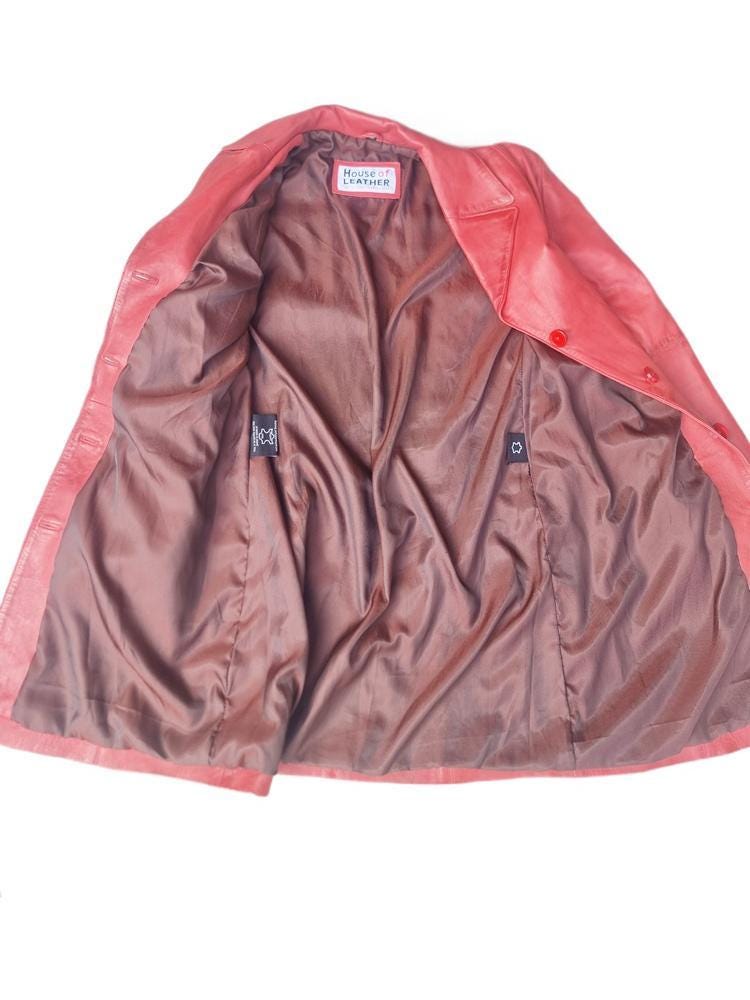 Vintage Red Leather Trench Coat: Fitted Midi Jacket, UK 16 / S-M