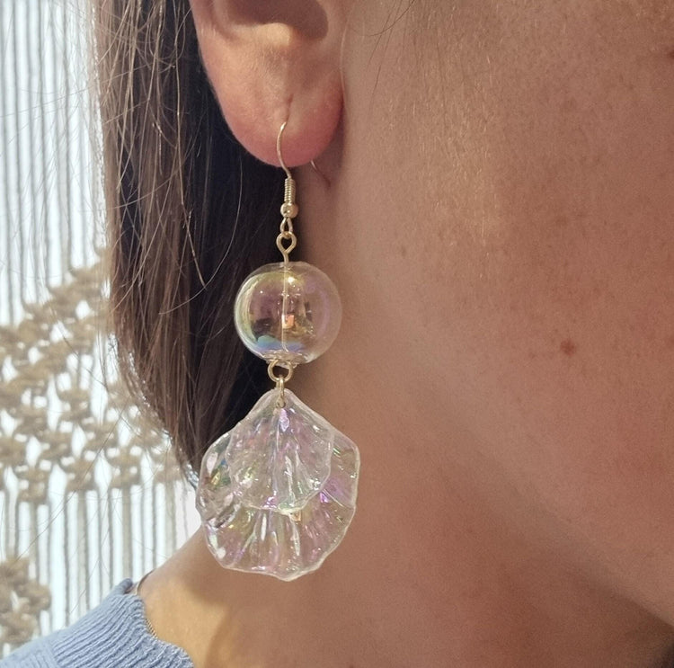 Mermaid Shell Earrings: Hand Blown Glass, Gold Plated - Nautical Jewelry